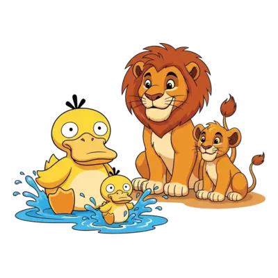 Psyduck mommy and kid in front , playing in water and a lion sitting on land and observing them along with a male cub