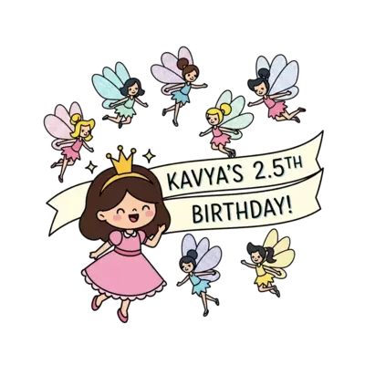 A cute cartoon princess with a tiny sparkling crown, surrounded by whimsical fairies with glittery wings, all in a vibrant, playful style. A banner subtly integrated into the scene reads 'Kavya's 2.5th Birthday!', with soft pastel colors.