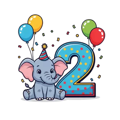 A super cute cartoon baby elephant wearing a tiny party hat, sitting next to a large, colorful number '2', surrounded by floating balloons and confetti, in a vibrant, cheerful style.