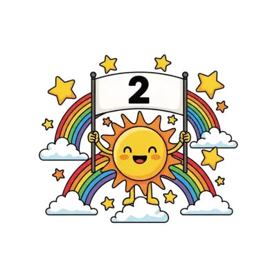 A cheerful illustration of a cute, smiling sun character holding up a banner with the number '2', surrounded by joyful stars, rainbows, and fluffy clouds, in a simple, happy, and colorful cartoon style.
