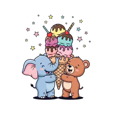 A whimsical illustration of a friendly baby elephant and a playful baby bear sharing a giant ice cream cone under a sky full of stars, soft pastel colors, cute cartoon style, for a special gift.
