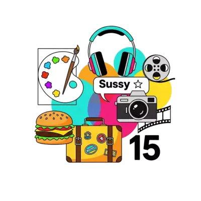 A vibrant, cool, and trendy graphic design featuring a collage of stylized elements: a minimalist paint palette with a brush, a sleek headphone, a stylish camera, a travel suitcase with destination stickers, a gourmet burger, and a film reel. All elements are interconnected in a modern, overlapping composition. Text "Sussy 💜" and "15" integrated seamlessly in a bold, contemporary font. Pop art colors, digital illustration.