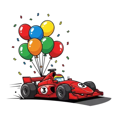 A super cute cartoon red Formula 1 race car, with a big number '3' on its side, speeding along a track. It's surrounded by colorful birthday balloons and confetti, in a playful, vibrant style.