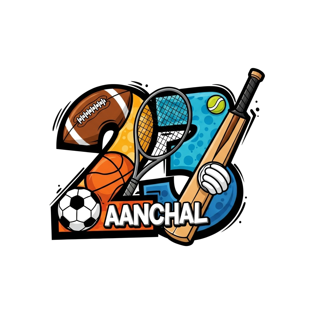 Custom design: A dynamic illustration featuring a stylized '23' with various sports equipment (football, basketball, tennis racket, ...