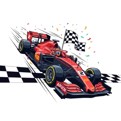 A vibrant, dynamic cartoon illustration of a sleek Formula 1 race car, predominantly red and black, with a prominent number '2' on its side, speeding past a checkered flag finish line. Confetti and motion lines explode around it, capturing an energetic and bold feel.