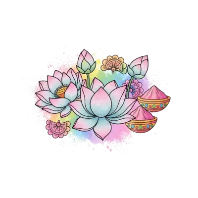 A whimsical illustration of blooming lotus flowers and traditional Indian floral motifs in soft pastel shades, with a subtle rainbow gradient effect, surrounded by gentle splashes of powdered color (gulal), in a delicate watercolor style.