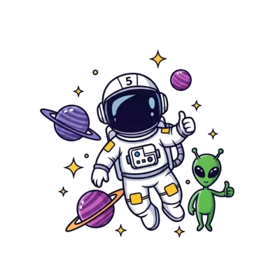 A brave young astronaut with the number 5 on their helmet, floating among colorful planets and twinkling stars, with a friendly alien giving a thumbs up. Bold, vibrant cartoon style.