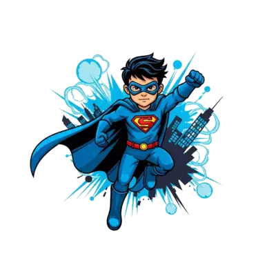 A dynamic illustration of a child superhero in a bold, comic-book style, mid-action pose, with a cool cape flowing. The background features abstract energy bursts and a stylized cityscape.