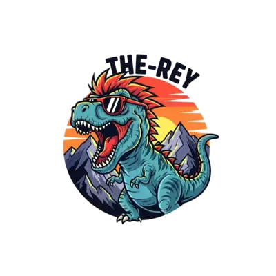 A fierce, cartoon T-Rex roaring with a cool, spiky mane and sunglasses, set against a backdrop of jagged mountains and a vibrant sunset. Bold, graphic style.