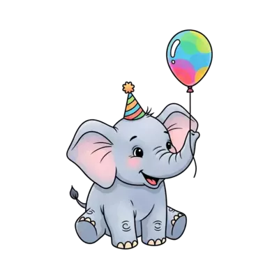 A playful, smiling baby elephant with a tiny party hat, holding a single colorful balloon, in a soft, watercolor illustration style.