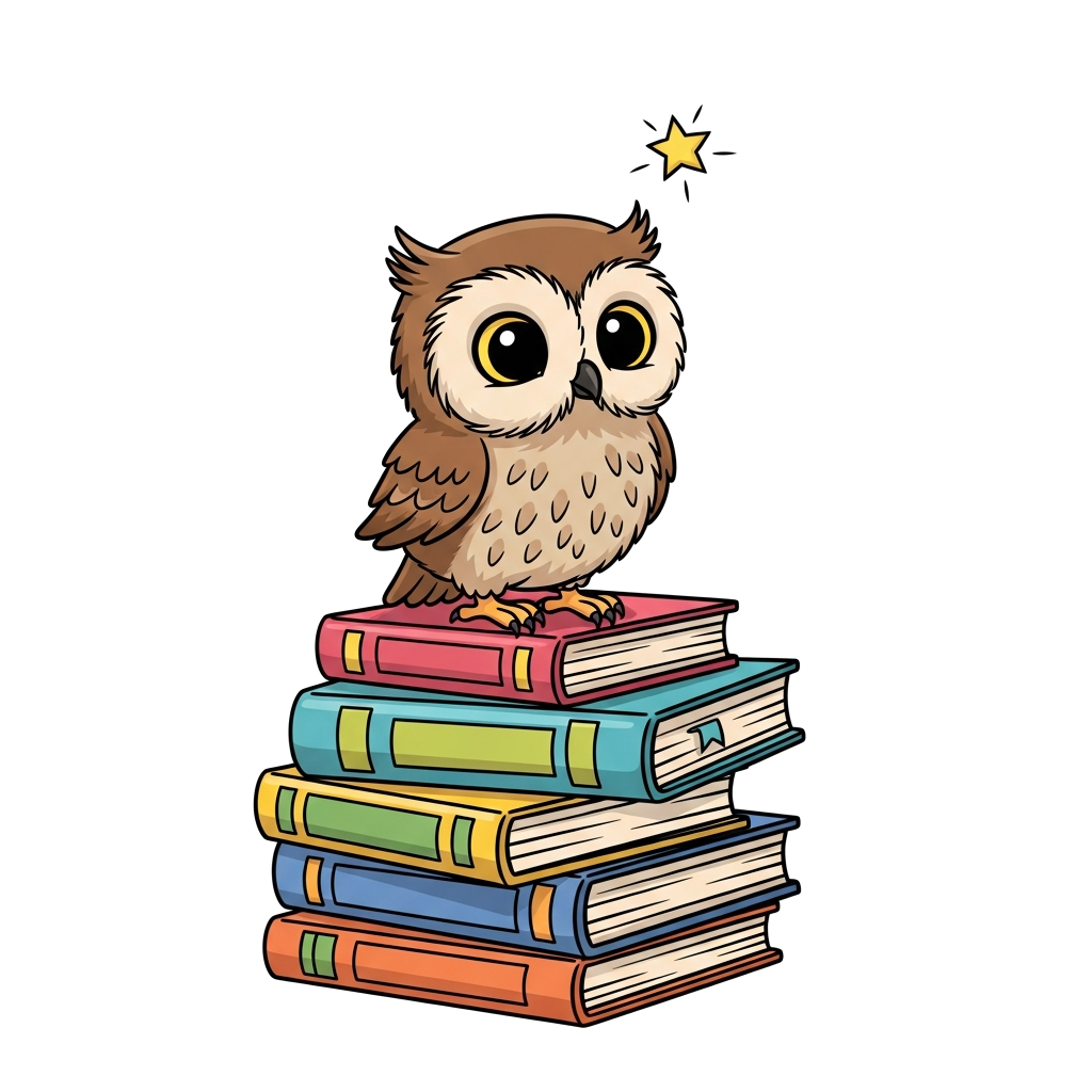Custom design: A curious and friendly baby owl perched on a stack of colorful books, with a small, twinkling star above its head, in...