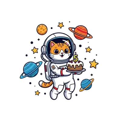 A cute cartoon astronaut cat floating in space, holding a birthday cake with the number 5, surrounded by colorful planets and stars, vibrant and playful style.