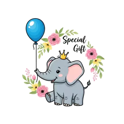 A playful baby elephant wearing a tiny crown, holding a single bright balloon, with the words "Special Gift" subtly integrated into a floral pattern around it, rendered in a soft, watercolor style.