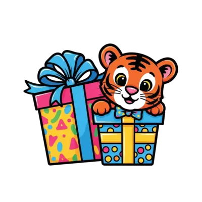 A cute little tiger cub peeking out from behind a colorful gift box, with a friendly smile and a small bow tie, in a bold, graphic illustration style suitable for kids.