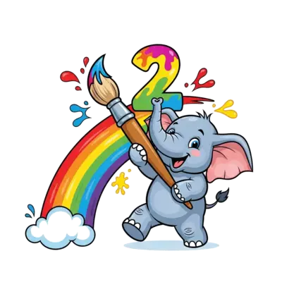 A vibrant cartoon illustration of a baby elephant joyfully painting a rainbow with a large paintbrush, with colorful splatters all around. The number '2' is playfully integrated into the scene.