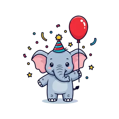 A cute cartoon baby elephant wearing a party hat and holding a red balloon, surrounded by confetti and stars, in a playful kawaii style.