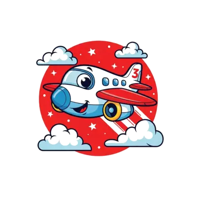 A cheerful cartoon aeroplane with big friendly eyes and a smile, flying high in a bright red sky with fluffy white clouds and little stars, with the number '3' subtly incorporated into the aeroplane's design.