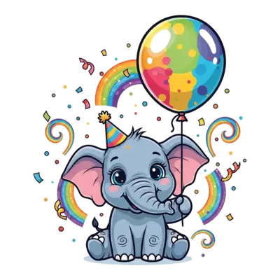 A vibrant, cartoon-style illustration of a cheerful baby elephant with big, bright eyes, wearing a small party hat and holding a giant, colorful balloon. The background is filled with confetti and rainbow swirls.