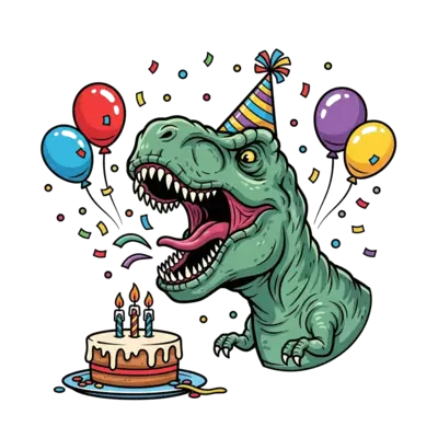 A roaring T-Rex wearing a party hat and blowing out candles on a cake, with colorful confetti and balloons around it, vibrant cartoon style