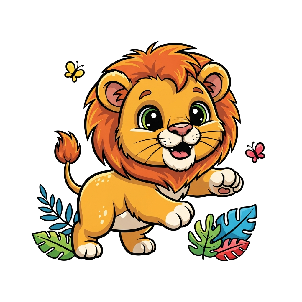 A super cute, friendly cartoon baby lion cub with big eyes and a fluffy mane, playfully pouncing, surrounded by colorful jungle leaves and tiny butterflies, vibrant and cheerful illustration style.