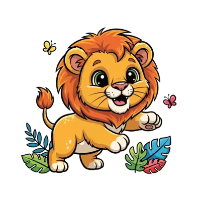 A super cute, friendly cartoon baby lion cub with big eyes and a fluffy mane, playfully pouncing, surrounded by colorful jungle leaves and tiny butterflies, vibrant and cheerful illustration style.