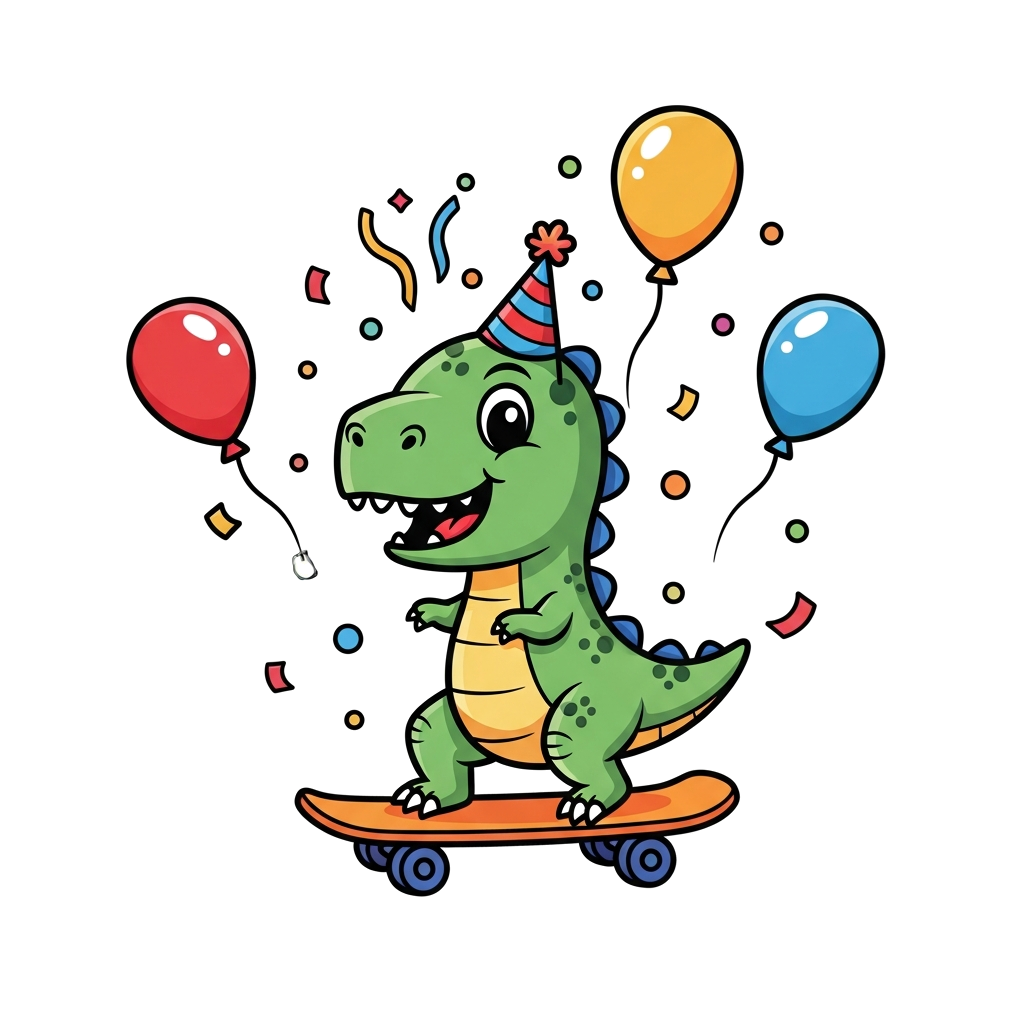 A cheerful baby dinosaur riding a skateboard, wearing a tiny party hat, surrounded by colorful confetti and balloons, in a vibrant cartoon style with bold outlines.