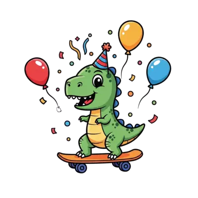 A cheerful baby dinosaur riding a skateboard, wearing a tiny party hat, surrounded by colorful confetti and balloons, in a vibrant cartoon style with bold outlines.