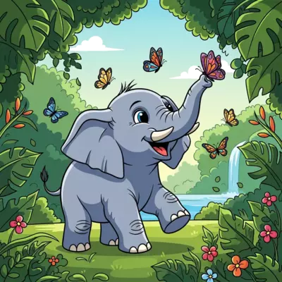 A whimsical illustration of a happy baby elephant playing with colorful butterflies in a lush green jungle, vibrant cartoon style, soft shadows