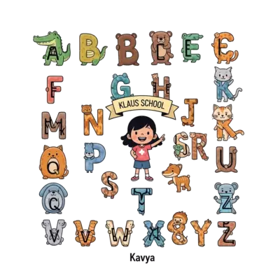 A whimsical illustration featuring 26 different cute cartoon animals, each representing a letter from A to Z (e.g., A for Alligator, B for Bear). The letters are clearly visible as part of the animals. In the center, a cheerful cartoon girl named Kavya is surrounded by these animals, pointing to a banner that says 'Klaus School'. Vibrant, soft colors, playful style, clean background.