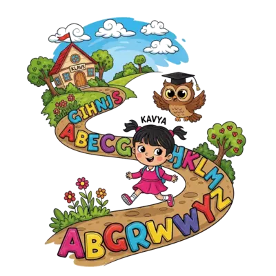 A winding path made of colorful, chunky cartoon letters from A to Z, leading through a whimsical landscape. A cute cartoon girl named Kavya is skipping along the path, with a friendly cartoon owl (representing learning) flying above her. In the background, a small, charming schoolhouse with a sign that reads 'Klaus' is visible. Bright, happy colors, detailed and intricate, isolated graphic.