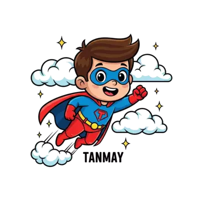 A cute cartoon superhero boy named Tanmay, flying through the sky with a big smile, wearing a red and blue suit with a small 'T' emblem, surrounded by whimsical clouds and tiny stars, in a cheerful, vibrant style.