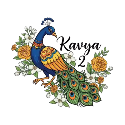 An enchanting scene with a cartoon peacock gracefully dancing amidst blooming marigolds and jasmine flowers, with 'Kavya' and '2' written in a beautiful, flowing script, traditional Indian folk art style with a modern twist, vibrant yet soft colors.
