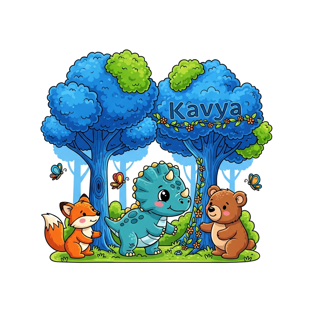 Custom design: A cute cartoon baby dinosaur (like a Brontosaurus or Triceratops) exploring a lush blue forest, surrounded by friendl...
