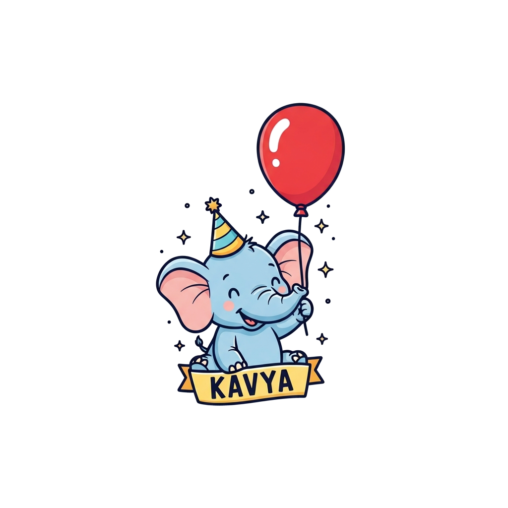 Custom design: A cheerful baby elephant cartoon character, holding a bright red balloon, with the name 'Kavya' subtly integrated int...