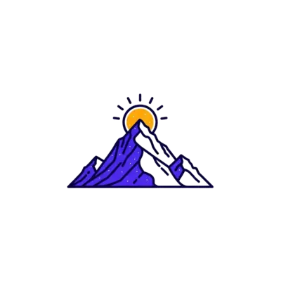 A minimalist illustration of a single majestic mountain peak with a small, stylized sun rising above it, rendered in clean lines and a modern color palette, with a subtle texture.