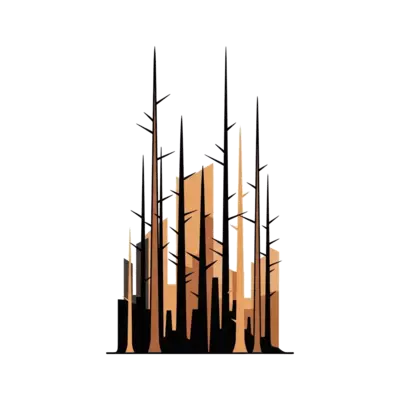 A modern, abstract representation of a forest with tall, slender trees using geometric shapes and a limited, earthy color scheme, clean and sophisticated.
