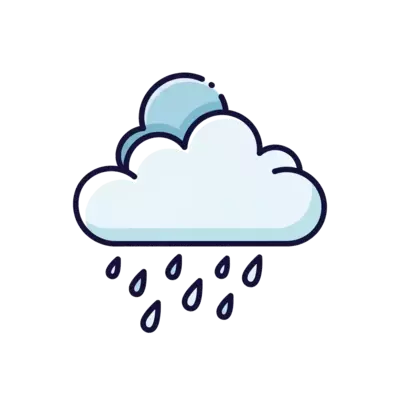 A stylized, minimal depiction of a happy cloud with gentle rain falling, using soft, rounded shapes and a modern, serene color scheme, conveying a sense of calm nature.
