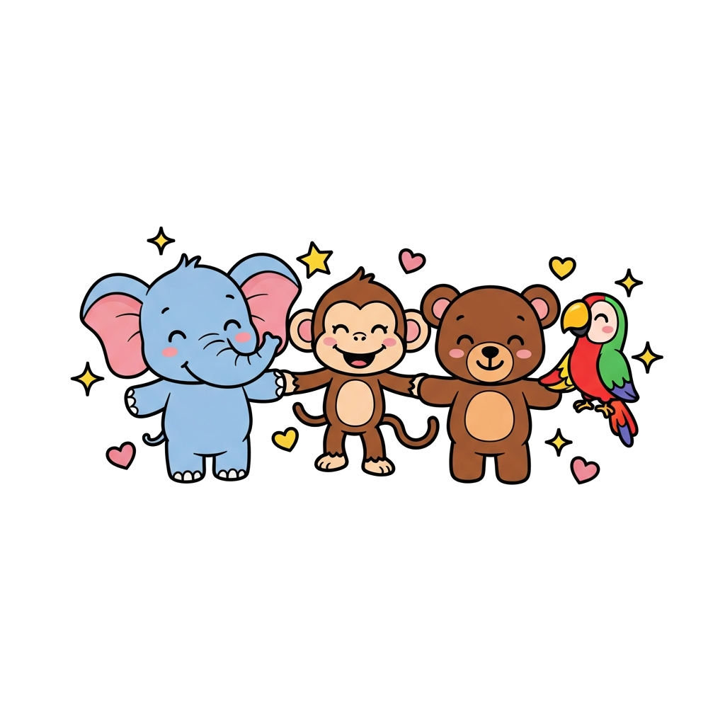 A vibrant illustration of a diverse group of cute, friendly cartoon animals (e.g., a baby elephant, a playful monkey, a little bear, a cheerful parrot) holding hands and smiling, surrounded by sparkling stars and tiny hearts, in a warm, inviting style.