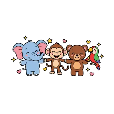 A vibrant illustration of a diverse group of cute, friendly cartoon animals (e.g., a baby elephant, a playful monkey, a little bear, a cheerful parrot) holding hands and smiling, surrounded by sparkling stars and tiny hearts, in a warm, inviting style.