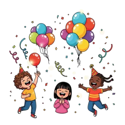 A joyful scene with colorful balloons, floating confetti, and whimsical party streamers, featuring three happy cartoon children (diverse ethnicities) laughing and playing together, in a bright, festive, and slightly magical art style.