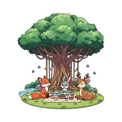 An adorable cartoon illustration of a group of friendly forest animals (like a fox, a rabbit, and a deer) having a picnic under a grand, spreading banyan tree, with a gentle river flowing nearby and tiny butterflies fluttering around, in a soft, storybook art style.