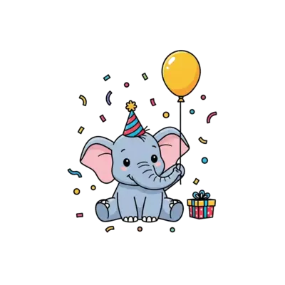 A cheerful cartoon baby elephant wearing a small party hat, holding a single balloon, surrounded by colorful confetti and a small gift box, in a soft, friendly illustration style.