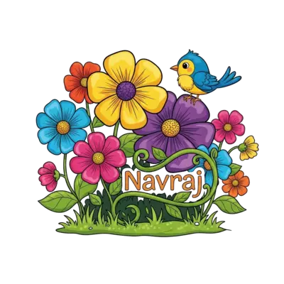 A vibrant, playful illustration of a secret garden with oversized, colorful flowers in full bloom, a cheerful little bird perched on a petal, and the name 'Navraj' subtly integrated into a vine, cartoon style.