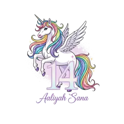 An elegant, majestic unicorn illustration with a flowing, rainbow-hued mane and tail, subtle glitter and stardust effects, in a soft pastel color palette. The number '14' is subtly integrated into the design as a shimmering outline, with 'Aaliyah Sana' written in a graceful, ethereal script below. Dreamy, ethereal style.