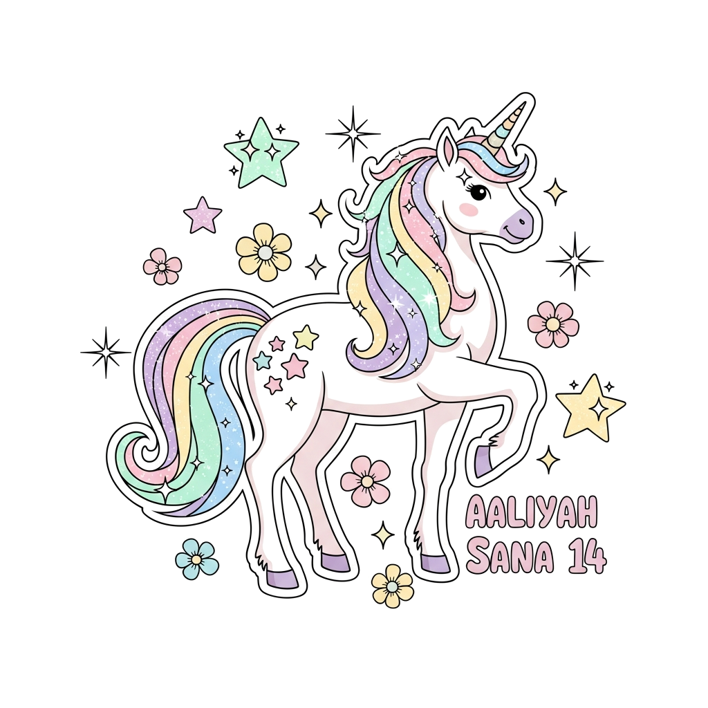 Custom design: A whimsical illustration of a pastel rainbow unicorn with sparkling mane and tail, surrounded by floating stars and d...