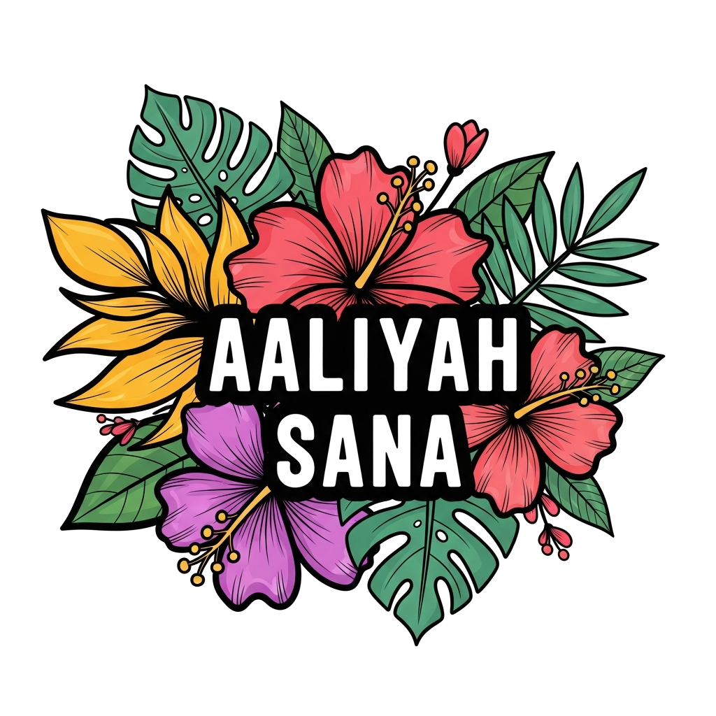 Custom design: A vibrant and bold illustration of a blooming tropical flower garden with large, colorful petals and leaves, featurin...
