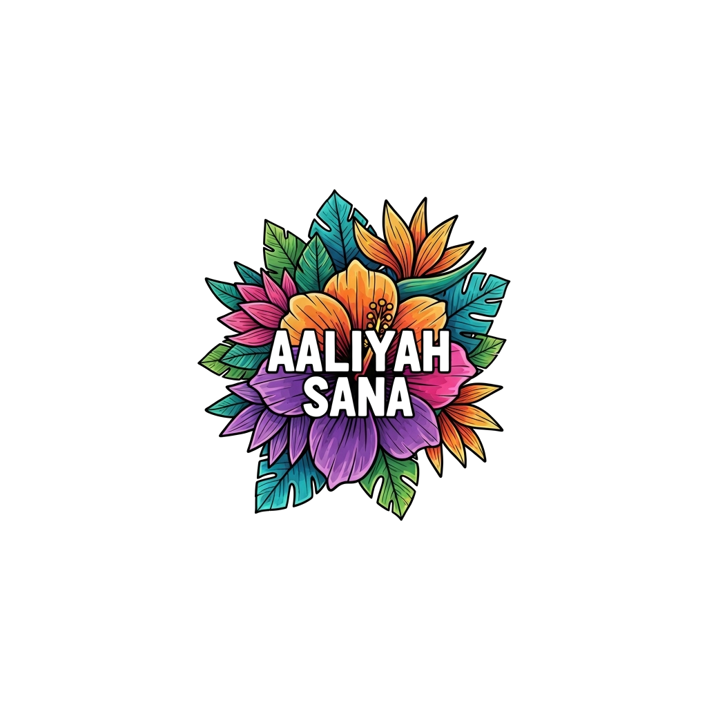 Custom design: A vibrant and bold illustration of a blooming tropical flower garden with large, colorful petals and leaves, featurin...