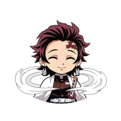 A cute chibi Muichiro Tokito from Demon Slayer, with his characteristic uniform and hair, smiling gently amidst soft, swirling mist, in a clean, vibrant anime style.
