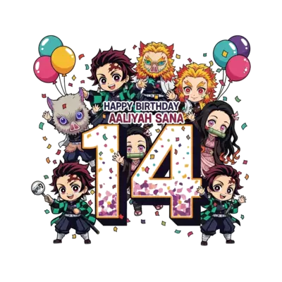 A vibrant anime illustration featuring chibi-style Demon Slayer characters (like Tanjiro, Nezuko, Zenitsu, Inosuke) celebrating around a large, festive number '14'. Confetti and balloons are scattered, with 'Happy Birthday Aaliyah Sana' playfully integrated into the design, in a cute and colorful art style.
