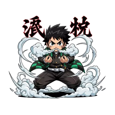 A dynamic illustration of a young Muichiro Tokito in a powerful mist breathing stance, surrounded by swirling mist effects and sharp, stylized kanji, vibrant anime art style.